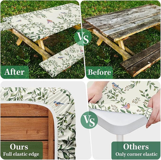 Picnic Table Cover with Bench Covers, Botanical Bird, 3PCS, 72 Inch | Camper Fitted Tablecloth with Bench Elastic Edges Waterproof Essentials with Drawstring Bag