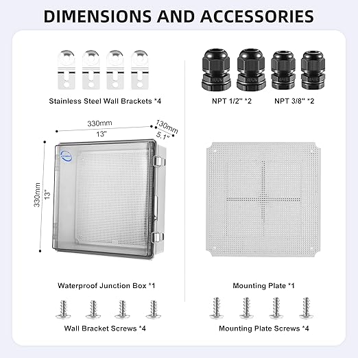 RTHIEAI Waterproof Outdoor IP67 Junction Box (13"x13"x5.1") with Mounting Plate, Hinged Clear Cover and Wall Brackets - Weatherproof ABS Plastic Electrical Enclosure for DIY Projects (330x330x130mm)