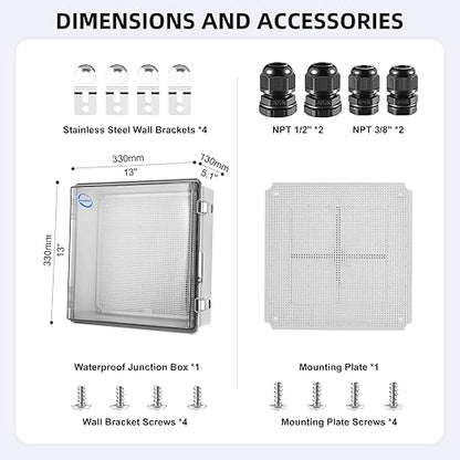 RTHIEAI Waterproof Outdoor IP67 Junction Box (13"x13"x5.1") with Mounting Plate, Hinged Clear Cover and Wall Brackets - Weatherproof ABS Plastic Electrical Enclosure for DIY Projects (330x330x130mm)