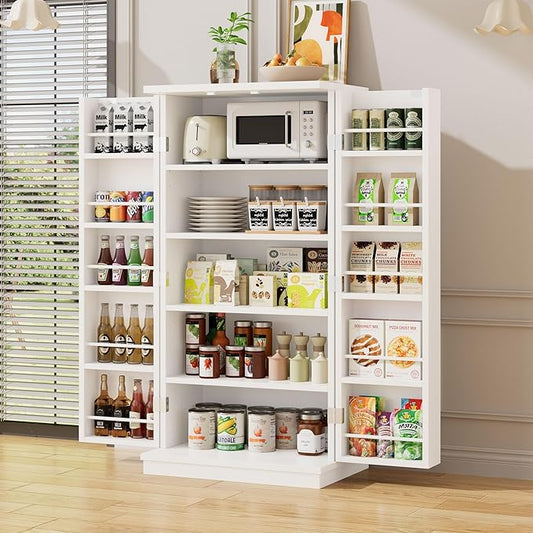 47in Kitchen Pantry Cabinet, Wood Kitchen Storage Pantry Cabinets Freestanding Pantries Cabinets with Doors & Adjustable Shelves, White