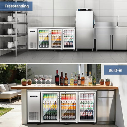 BODEGA BODEGACOOLER 20.5 Cu.Ft Commercial Back Bar Refrigerator, 3 Glass Door Beverage Cooler, Display Drink Fridge with LED & 6 Casters for Beer, Soda, Wine, SUS304 Stainless Steel Top