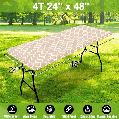 Smiry Picnic Fitted Table Cover, 4 Foot Flannel Backed Vinyl Tablecloth | Waterproof Elastic Stretch Table Cloth, Wipeable Plastic Tablecloth for Camping, Indoor & Outdoor (Khaki, 24" x 48")