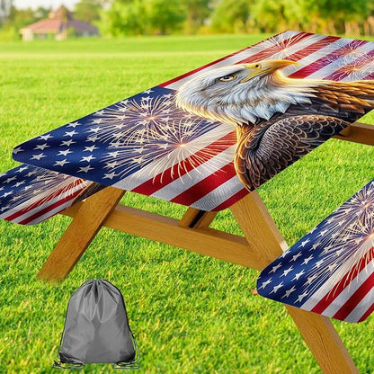 JAWO Bald Eagle American Flag Picnic Table Cover with Bench Covers, 4th of July Memorial Day Camper RV Essentials Gear Supplies Outdoor Waterproof Windproof Tablecloth with Elastic, 30X72in