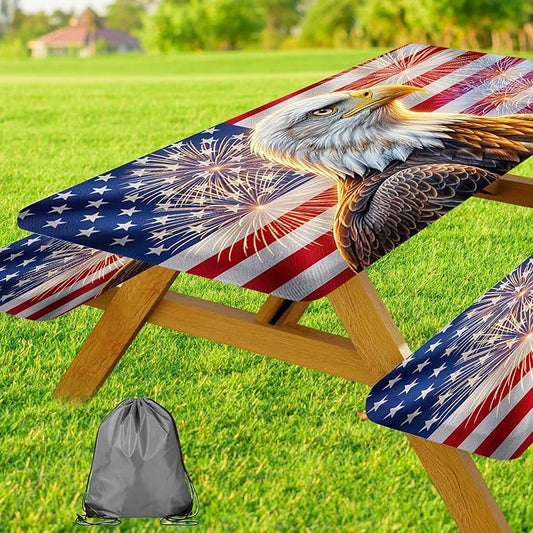 JAWO Bald Eagle American Flag Picnic Table Cover with Bench Covers, 4th of July Memorial Day Camper RV Essentials Gear Supplies Outdoor Waterproof Windproof Tablecloth with Elastic, 30X72in
