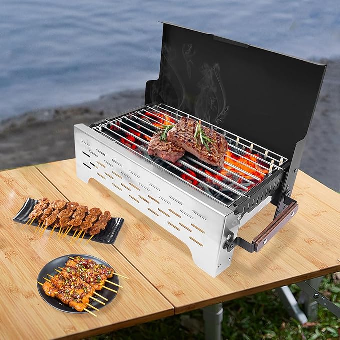 Barbecue Charcoal Grill, Portable Charcoal Grill Folding Barbecue Grills Stainless Steel and Iron Folding Grills for Outdoor Cooking, Camping (Black + Silver-2)