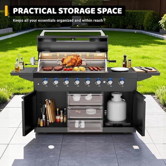 CT Copper Tailor 83-inch Outdoor Kitchen BBQ Gas Grill Island, 6 Main Burners, Infrared Rear & Side Burner,99,000 BTU, Stainless Steel, Foldable Side Table, Double Storage Cabinets & 3 Drawers