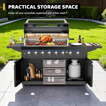 CT Copper Tailor 83-inch Outdoor Kitchen BBQ Gas Grill Island, 6 Main Burners, Infrared Rear & Side Burner,99,000 BTU, Stainless Steel, Foldable Side Table with Natural Gas Kit
