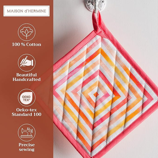 Maison d' Hermine Pot Holders 100% Cotton Heat Resistant Potholders 8" x 8" Hot Pads with Loop BBQ Cooking Baking Hotel Farmhouse Kitchen Handling Hot Pans Spring Summer (Pack of 1, Summer Maze)
