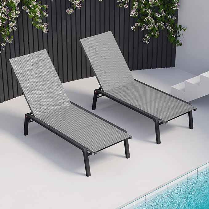 Patio Chaise Lounge Set of 2 with 4 Adjustable Backrest, Foldable Aluminum Chaise Lounge Chair Recliner for Outdoor, Poolside, Sun Tanning Grey