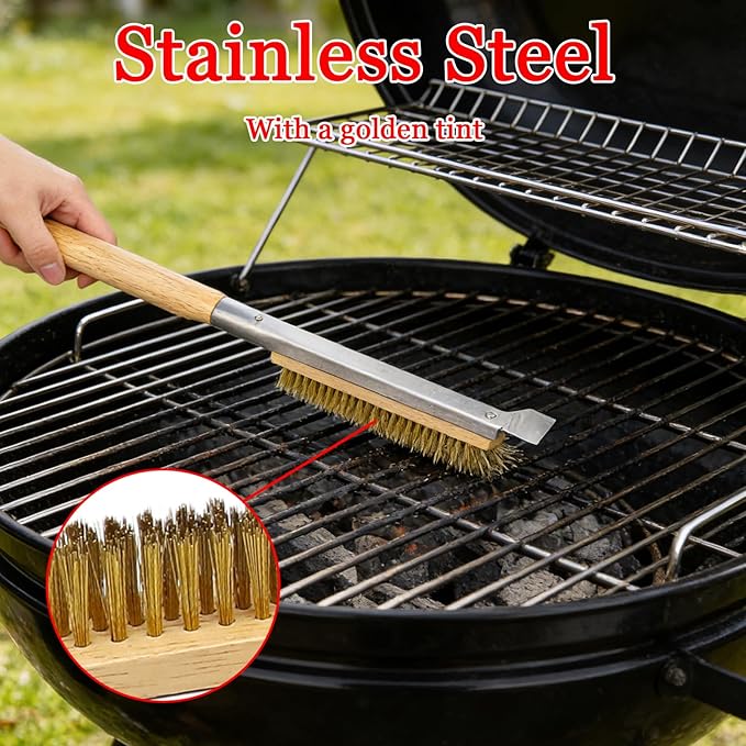 21 Inch Pizza Oven Brush with Scraper -Pizza Stone Brush Cleaning Brush for BBQ, Grill, Wood-Fired Oven, Outdoor Kitchen Accessories, Heavy Duty (Brown)
