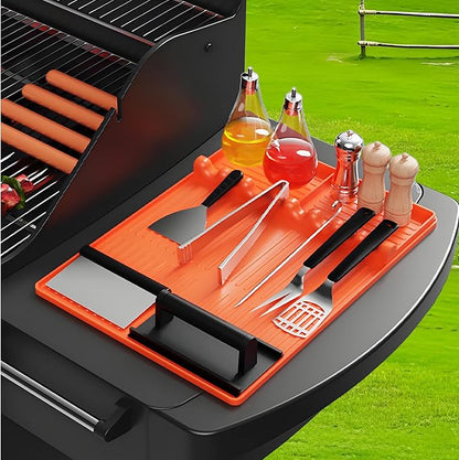 Silicone Grill Tools Mat for Blackstone Side Shelves (22–28″) – Heat-Resistant Utensil Organizer with Drip Pad, 8 Slots, Easy-Clean Prep & Counter Protection
