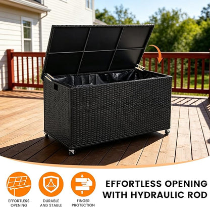Outdoor 170 Gallon Water-Resistant Wicker Storage Box with Wheels, PE Rattan Deck Box with Waterproof Liner for Outside, Patio Storage Container with Hinged Lid, Horizontal Bin, Black