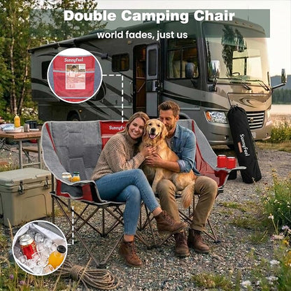 SUNNYFEEL Folding Double Camping Chair Oversized Loveseat for Adults | 600LBS Heavy Duty Padded Camping Couch with Cup Holder, Storage Pockets & Carry Bag for Patio RV/ Lawn/ Backyard