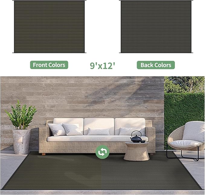 GENIMO Outdoor Rug, Waterproof Plastic Rugs for Patio, 9'x12' Ebony Brown | Outside Larger Modern Carpet Mat for Porch Decor, Deck, Balcony, Camping, RV, Backyard, Picnic, Beach, Reversible, Foldable
