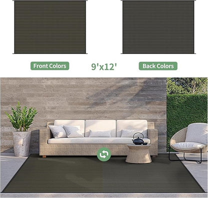 GENIMO Outdoor Rug, Waterproof Plastic Rugs for Patio, 9'x12' Ebony Brown | Outside Larger Modern Carpet Mat for Porch Decor, Deck, Balcony, Camping, RV, Backyard, Picnic, Beach, Reversible, Foldable