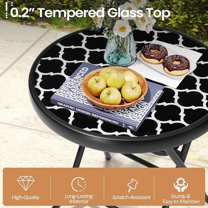 Foldable Side Table with Tempered Glass Top, 2 Pack Black & White | 18" Small Patio Side Tables Outdoor for Porch Yard Balcony Deck Lawn Garden