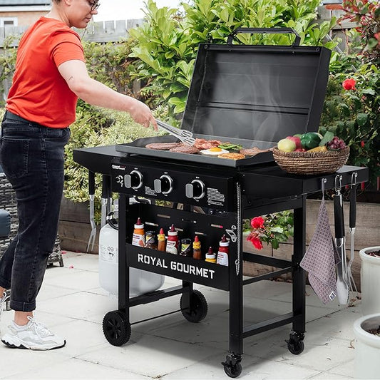 Royal Gourmet GB3000PB 3-Burner Gas Griddle with Hood, Griddle with Collapsible Side Shelves, 39,000 BTU, 492 Sq. In. Cooking Area, Electronic Ignition, Swivel Wheels with Brakes, Black