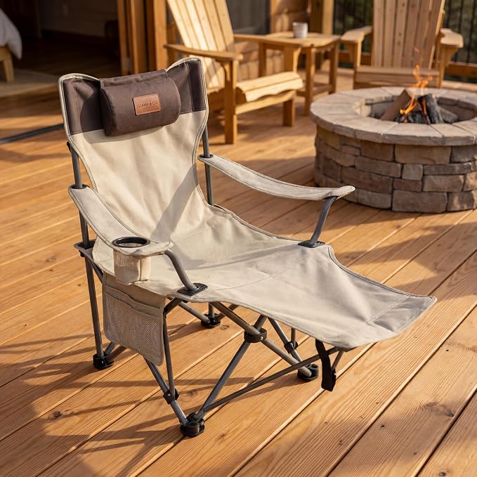 Adjustable Folding Beach Chair, Portable Camping Chair for Adults with Backrest, Reclining Outdoor Chair with Cup Holder & Pocket, Foldable Low Beach Chair for Camping, Picnic, Beige