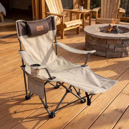 Adjustable Folding Beach Chair, Portable Camping Chair for Adults with Backrest, Reclining Outdoor Chair with Cup Holder & Pocket, Foldable Low Beach Chair for Camping, Picnic, Beige