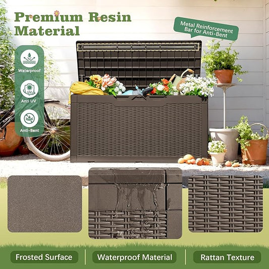 Flamaker Outdoor Storage Box 100 Gallon Waterproof Resin Deck Box Delivery with Air Rod Indoor Outdoor Lockable Storage Bench for Patio Cushions, Tools, Pool Accessories (Deep Brown)