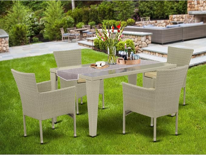 East West Furniture GUBK5-03A 5 Piece Patio Furniture Sets Wicker Outdoor Set Includes a Rectangle Dining Table with Glass Top and 4 Balcony Armchair with Cushion, 36x60 Inch, Natural Linen