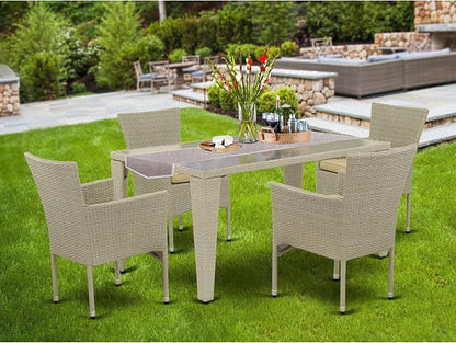 East West Furniture GUBK5-03A 5 Piece Patio Furniture Sets Wicker Outdoor Set Includes a Rectangle Dining Table with Glass Top and 4 Balcony Armchair with Cushion, 36x60 Inch, Natural Linen