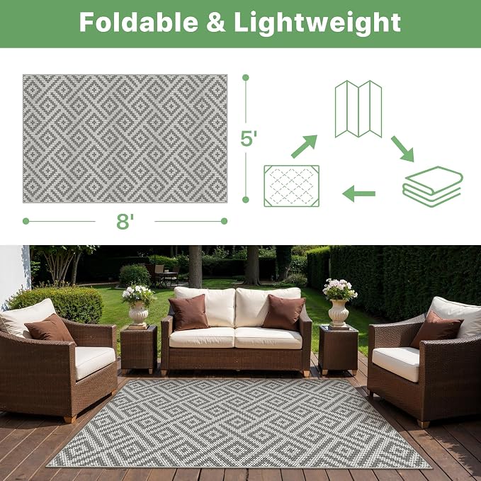 GENIMO Outdoor Rug, Waterproof Plastic Rugs for Patio, 5'x8' Cloud Grey | Outside Larger Modern Carpet Mat for Porch Decor, Deck, Balcony, Camping, RV, Backyard, Picnic, Beach, Reversible, Foldable