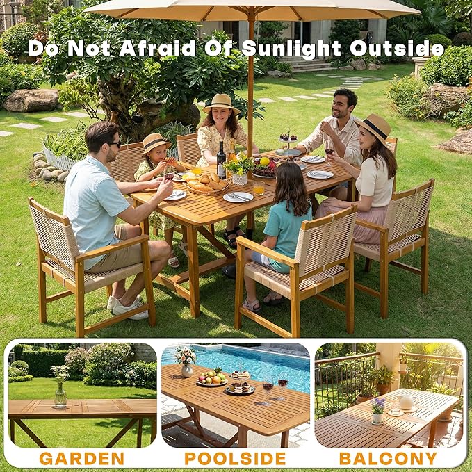 Acacia 7 Piece Outdoor Dining Set Extendable 63"-95" L Table with Umbrella Hole & 6 Handwoven Chairs - All-Weather Use, Easy Assembly Patio Furniture Set for Deck, Garden - Natural (Set for 6-8)