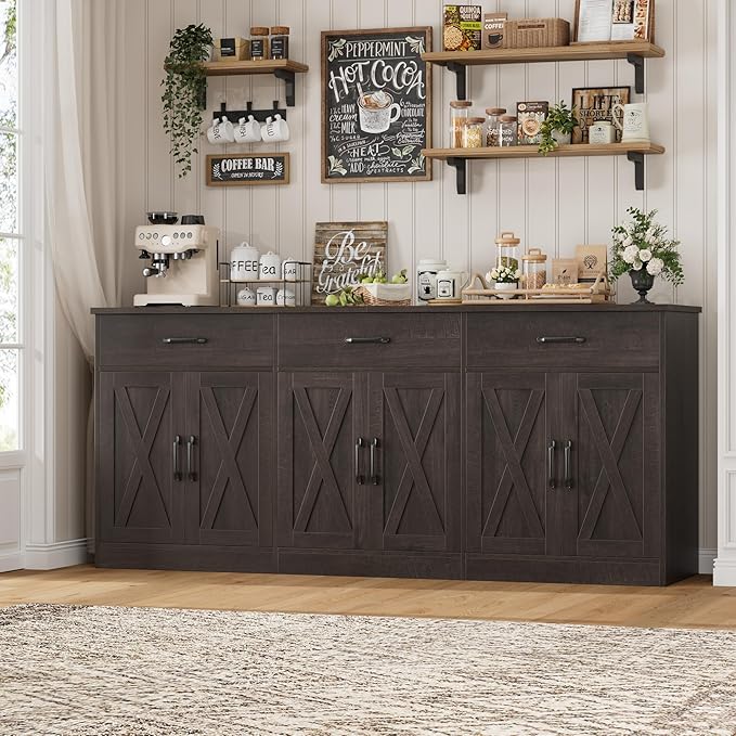 HOSTACK 71" Large Sideboard Buffet Cabinet with Storage, Farmhouse Coffee Bar Cabinet with 3 Drawers, Long Kitchen Buffet Table, Kitchen Sideboard Storage Cabinet for Dining, Living Room, Dark Brown