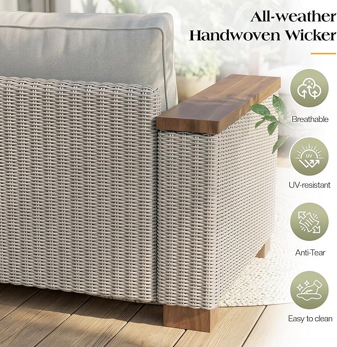 PaPaJet Outdoor Patio Sofa, 3 Seat Wicker Couch with Solid Armrests & Legs, 4.7" Thickened Removable Cushions, UV-Resistant Modular Sofa for Porch, Backyard, Garden