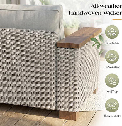 PaPaJet Outdoor Patio Sofa, 3 Seat Wicker Couch with Solid Armrests & Legs, 4.7" Thickened Removable Cushions, UV-Resistant Modular Sofa for Porch, Backyard, Garden