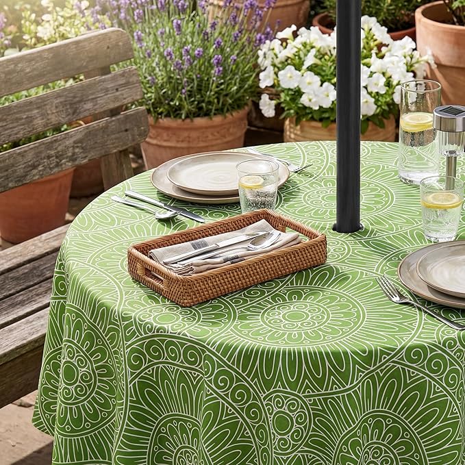 Lamberia 60" Round Patio Tablecloth with Umbrella Hole and Zipper, Waterproof Outdoor Table Cover for Patio, Backyard, BBQ, Picnic & Indoor Dining, Washable Polyester Circular Tablecloth