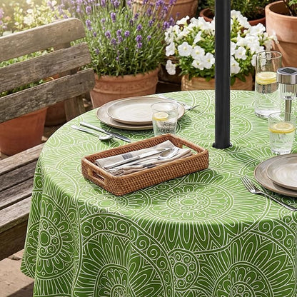 Lamberia 60" Round Patio Tablecloth with Umbrella Hole and Zipper, Waterproof Outdoor Table Cover for Patio, Backyard, BBQ, Picnic & Indoor Dining, Washable Polyester Circular Tablecloth