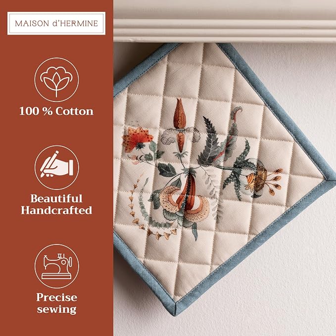 Maison d' Hermine Pot Holders 100% Cotton Potholders (8" x 8", Pack of 1) | Heat Resistant Hot Pads with Loop BBQ Cooking Baking Hotel Kitchen Handling Hot Pans Thanksgiving Christmas - Dalida