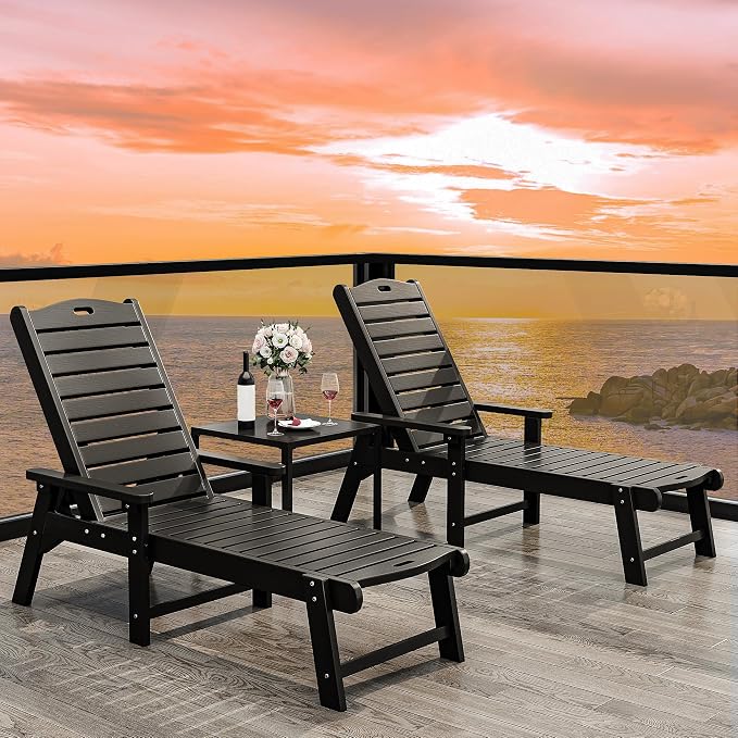 YITAHOME Outdoor Chaise Lounge Chair with Adjustable Backrest, Heavy Duty Resin Patio Lounger with Wide Armrest and 350lbs Capacity for Outside Poolside Beach Backyard, Waterproof, Black
