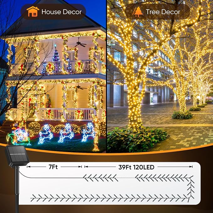 2-Pack Solar String Lights Outdoor Waterproof, 92FT 240 LED Solar Lights Outdoor with 8 Lighting Modes, Solar Powered Tree Light for Outside Patio Yard Garden Decorations, Warm White