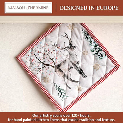 Maison d' Hermine Pot Holders 100% Cotton Heat Resistant Potholders 8" x 8" Hot Pads with Loop for Thanksgiving Christmas Decorations BBQ Cooking Baking Handling Hot Pans (Pack of 1, Rural Christmas)