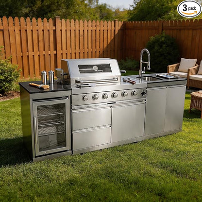 98-Inch Natural Gas Outdoor Kitchen Island - 72000 BTU 4-Burner Grill with Refrigerator, Granite Countertops & Rotisserie, For Backyard BBQ, Silver