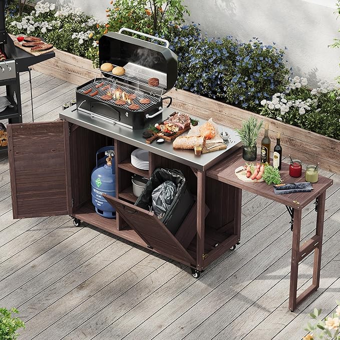 78.3" Outdoor Kitchen Island with Foldable Grill Table, Wooden Outdoor Grill Cart with Trash Can Storage & Stainless Steel Top, Outdoor Bar Cart, Pizza Oven Table for Lawn & Garden (Dark Brown@76)