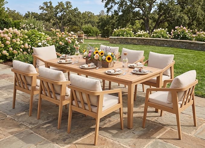 FansaFurn 9 Pieces Acacia Outdoor Patio Table and Chairs Set for All-Weather, Outside Furniture with Table Umbrella Hole and Removable Cushion for 8, Outdoor Furniture Set for Garden, Patio, Beige
