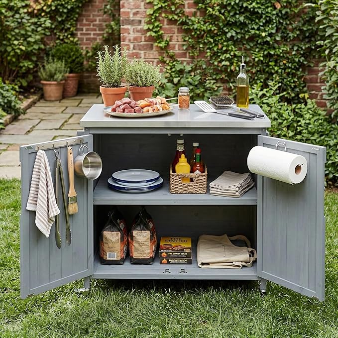 Outdoor Kitchen Island with 4 Locking Wheels, 42”Stainless Steel Top Grill Prep Station, Solid Fir Wood Storage Cabinet with 5-Tier Side Shelf and Adjustable Rack for Patio and BBQ, Grey Blue