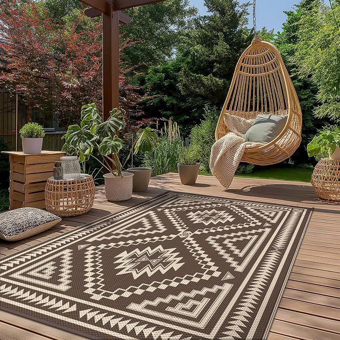 GENIMO Outdoor Rug, Waterproof Plastic Rugs for Patio, 5'x8' Light Beige | Outside Larger Modern Carpet Mat for Porch Decor, Deck, Balcony, Camping, RV, Backyard, Picnic, Beach, Reversible, Foldable