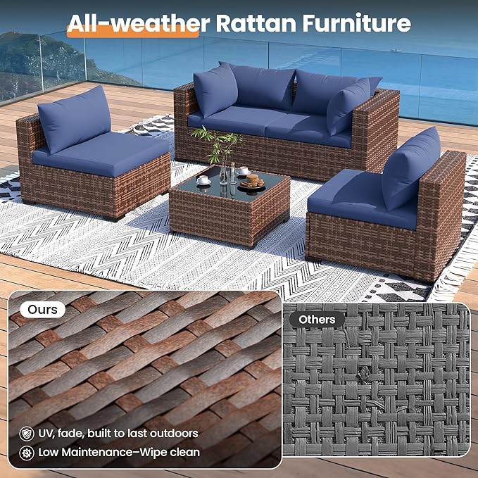 UDPATIO Patio Furniture Set with Fire Pit Table, 5 Piece Outdoor Sectional Sofas, All-Weather Wicker Conversation for Garden, Backyard, Navy Blue