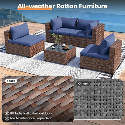 UDPATIO Patio Furniture Set with Fire Pit Table, 5 Piece Outdoor Sectional Sofas, All-Weather Wicker Conversation for Garden, Backyard, Navy Blue