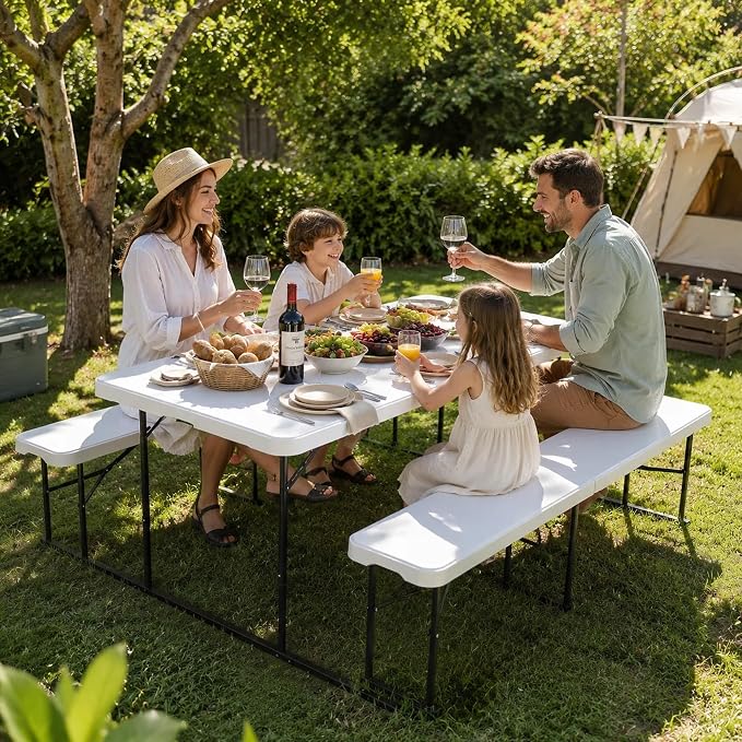 DWVO 4.5ft Picnic Table, Outdoor Folding Picnic Tables with Benches | Heavy Duty Plastic Table Benches for Outside, Portable Resin Camping Table for Events Tailgating Beach Garden Utility, White