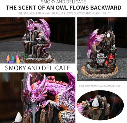Dragon Backflow 2 Sided Mountain Waterfall Incense Burner,Fountain Smoke Incense Holder with Backflow Incense Cones, Tweezers, Mat，Resin Aromatherapy Meditationvaiuk (Purple)