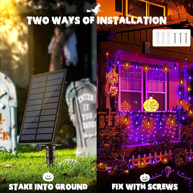 iBaycon 27FT 10 LED Solar Flame Halloween String Lights, Warm White+Purple | Ultra-Real Flickering Flame Lamp Outdoor Waterproof, Solar Patio String Lights for Garden Yard Lawn Halloween Decorations