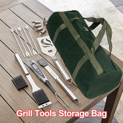24" Grill Accessory Storage Bag, Tools Storage for Outdoor Grilling, Thick Canvas Double Zipper Utensil Carry Bag for Camping Hiking Barbecue, Dark Green