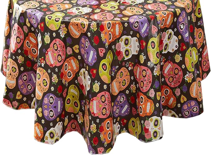 Newbridge Sugar Skull Round Vinyl Tablecloth with Flannel Backing, Waterproof Wipe Clean Table Cover for Indoor Outdoor Kitchen Dining Use, Picnic and Barbecue, 70 Inch Round