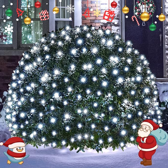 JMEXSUSS 360 LED Christmas Net Lights, White, 12ft x 5ft | Outdoor Waterproof, Connectable, Plug in, Mesh Lights with Remote for Bushes Shrubs Christmas Decorations